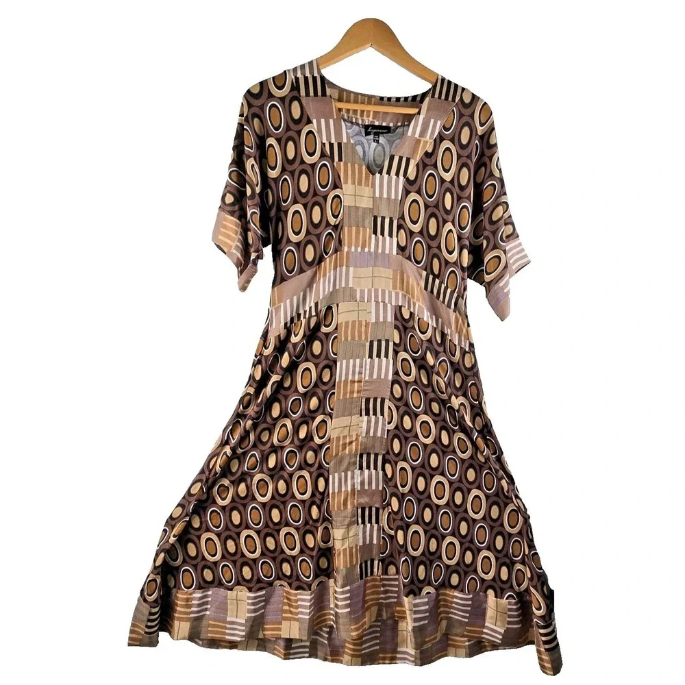 Lynn Ritchie Brown Tribal Geometric Maxi‎ Women's Large Summer Swimsuit Cover